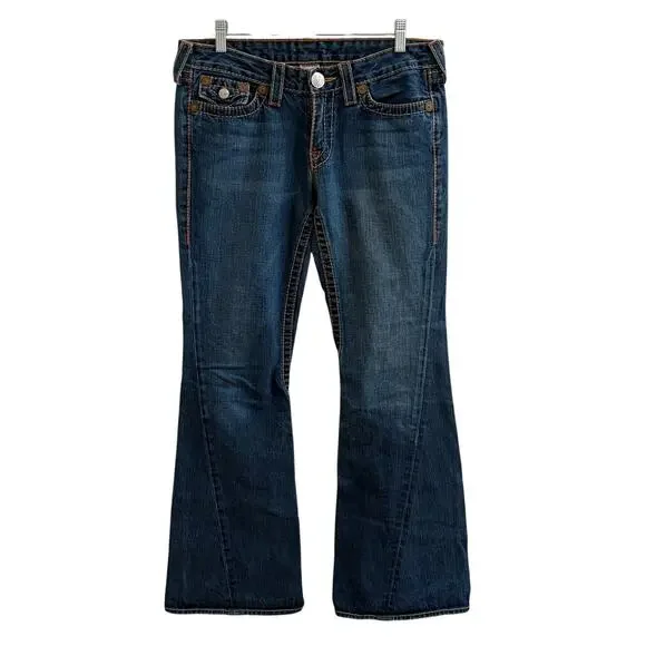 Y2k True Religion Rainbow Joey Jean 30 Blue Flare USA Flap Pocket Stitched - Picture 3 of 12